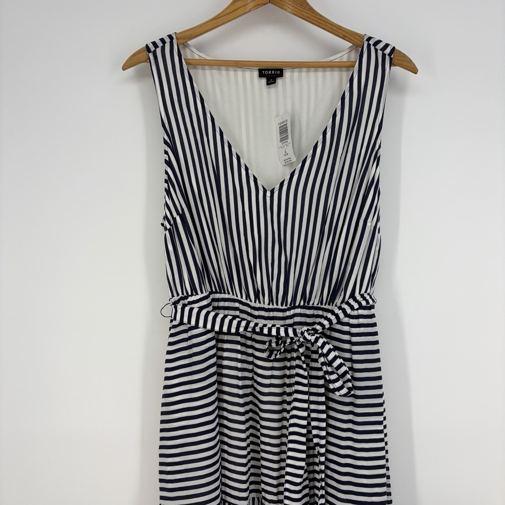 Torrid Tiered MIDI Dress 2X Navy White Stripe Challis Tie Summer Nautical Staple - Picture 6 of 15
